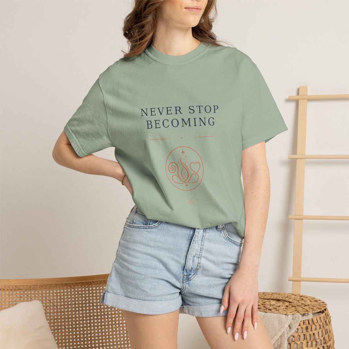 Never Stop Becoming T-Shirt — Inspirational Graphic Tee (Front: "Never Stop Becoming", Back: "What Are You Becoming?")