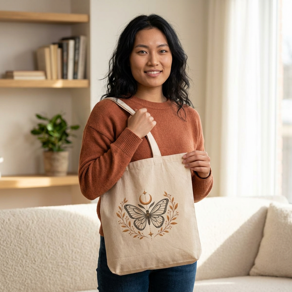 Butterfly Moon Canvas Tote — Boho Floral 'Becoming' Cotton Tote Bag