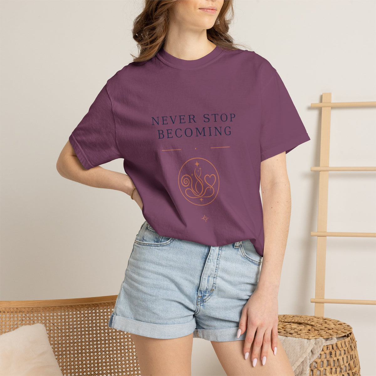 Never Stop Becoming T-Shirt — Inspirational Graphic Tee (Front: "Never Stop Becoming", Back: "What Are You Becoming?")