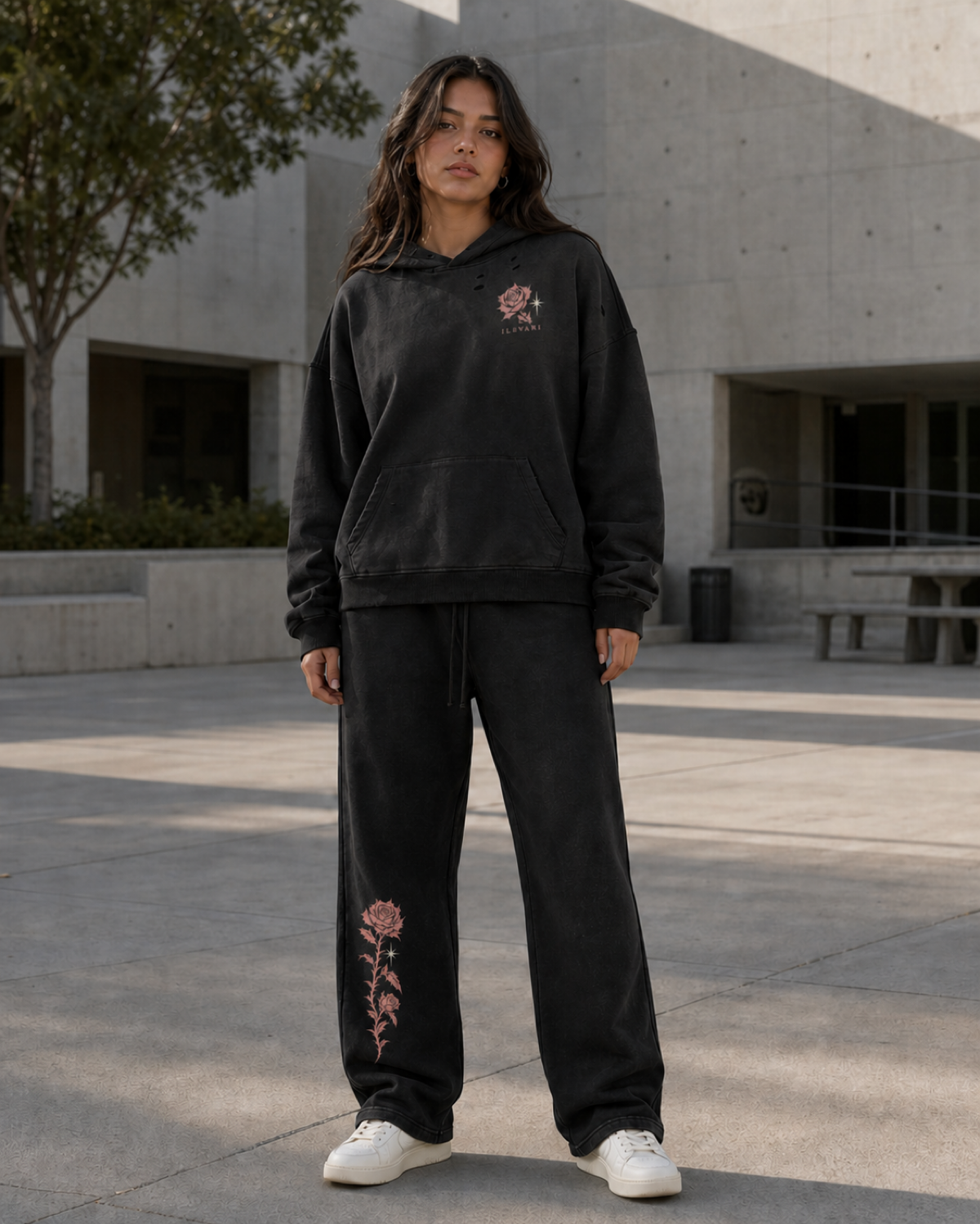 Night Bloom Rose Sweatpants | Faded Black